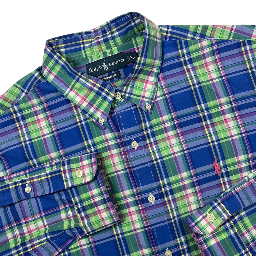 Ralph‎ Lauren Button Down Mens XL Blue Green Plaid Custom Fit Long Sleeve Shirt